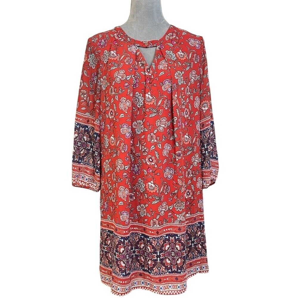 Boho Shift Floral Midi Dress M Red Summer Spring Workwear Brunch
